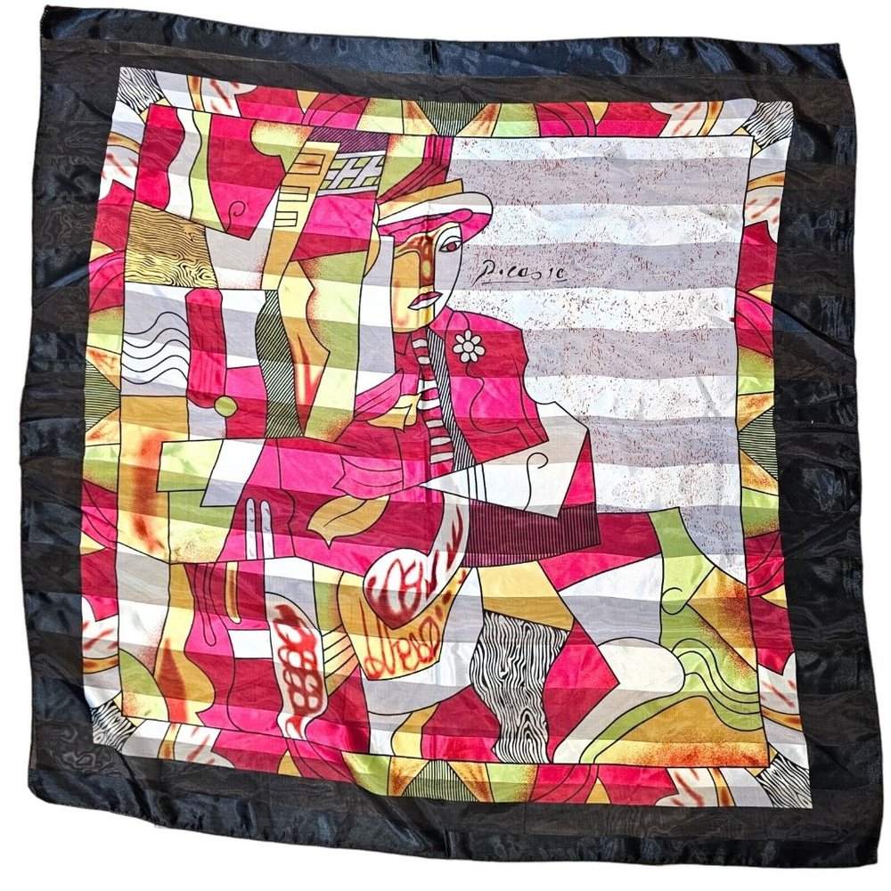 Vintage Picasso Semi-sheer Artsy Vibrant Pink Green Satin Silk Scarf Square 36" - Picture 9 of 10